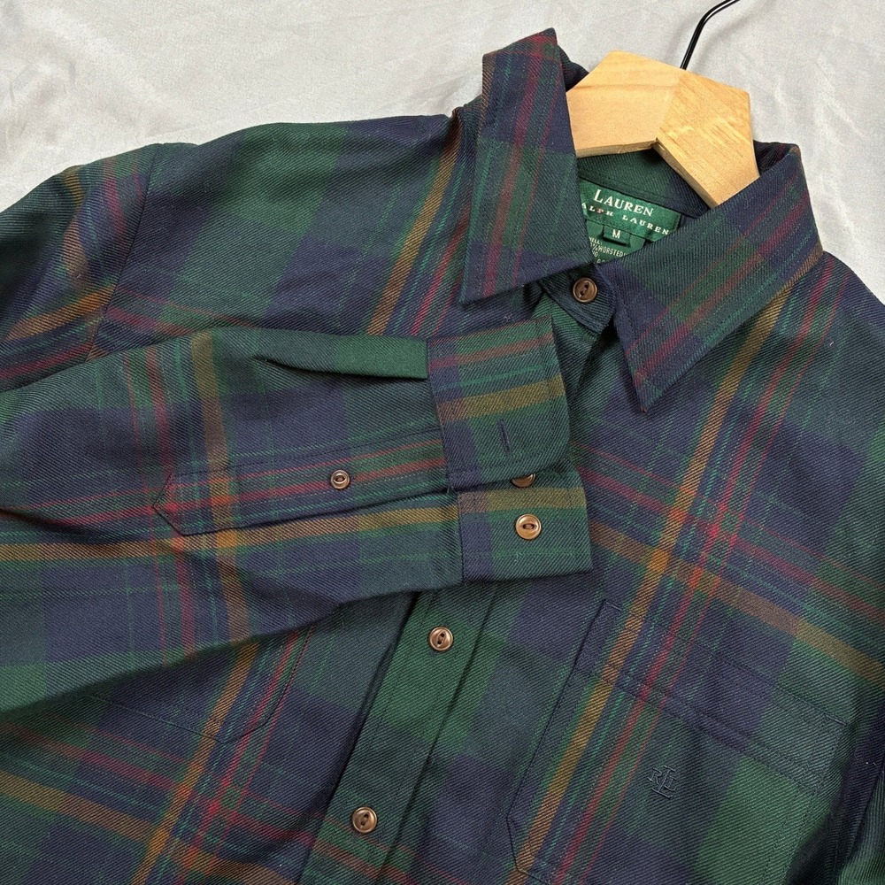 Lauren Ralph Lauren Wool Shirt Plaid Black Watch Green Blue Medium